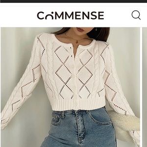 Commense. Diamonds Eyelet Button Up Knit Top - off-white / small